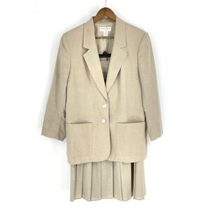 Kim Rogers Womens Skirt Suit Tan Jacket 14P Pleated Skirt 16 Linen Blend